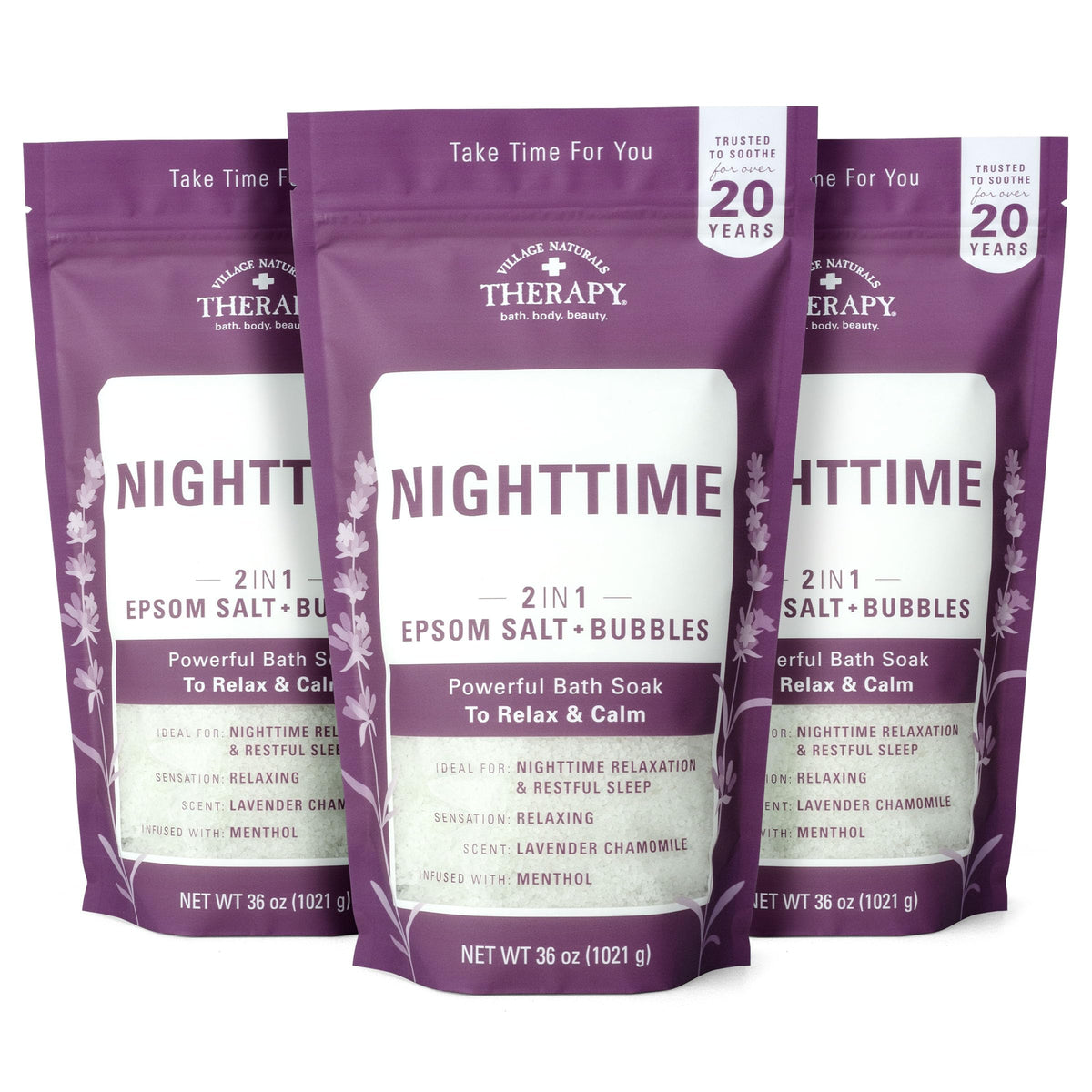 Village Naturals Therapy bain epsom nocturne, pack triple pour une détente efficace.