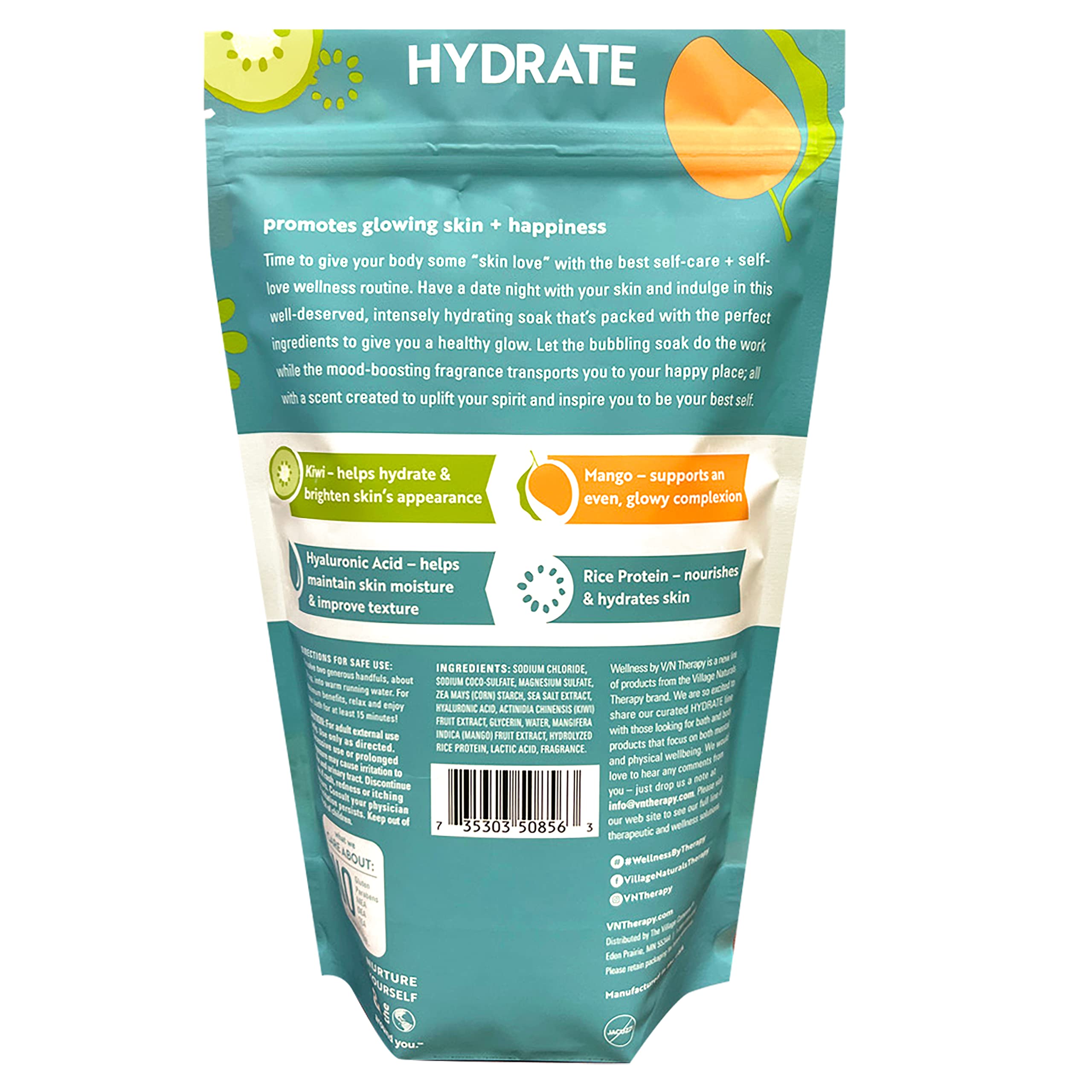 Village Naturals Therapy Hydrate, arôme agrumes, bain relaxant et rafraîchissant.