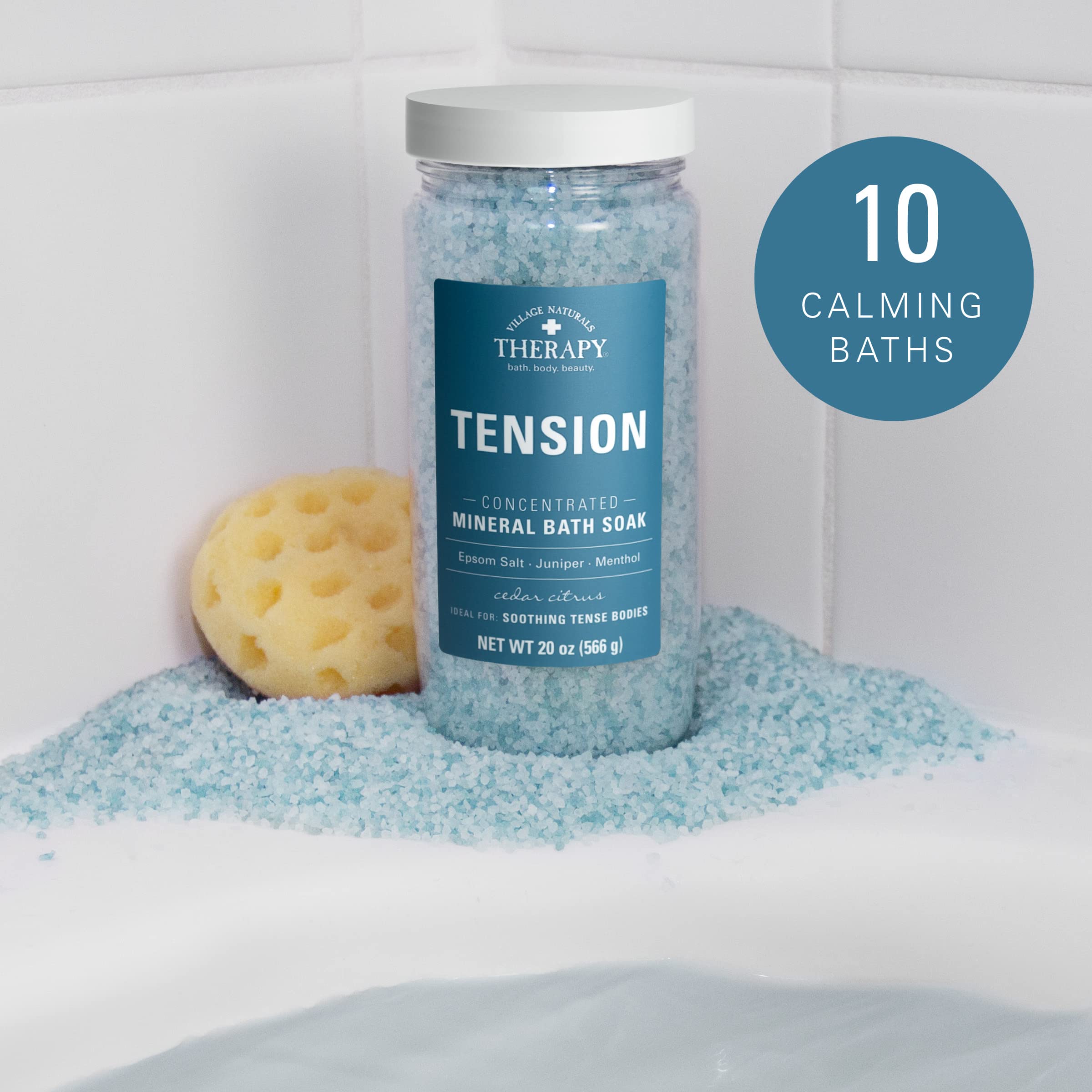 Village Naturals Therapy Bains Minéraux Tension, ingrédients clés visibles et huiles essentielles.
