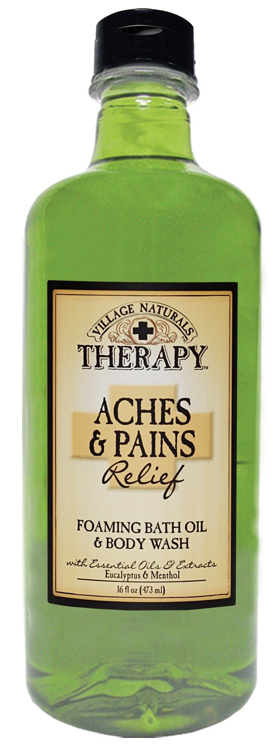 Village Naturals Therapy – huile bain moussante, soulage douleurs et détend après l'effort.