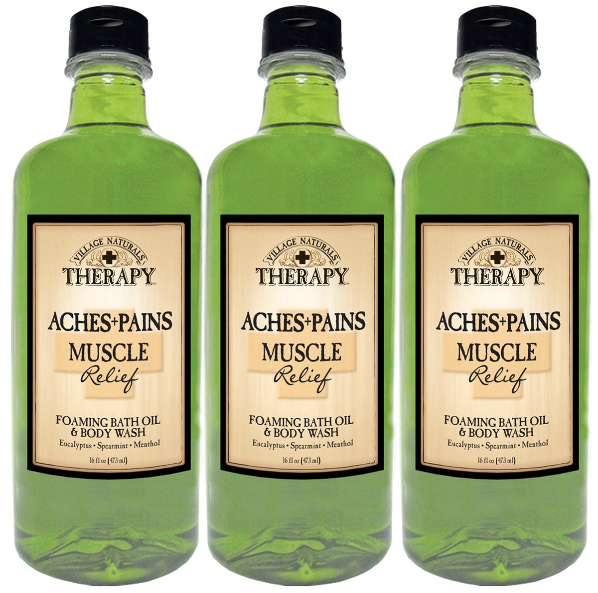 Village Naturals Therapy bouteille de bain mousse pour relief musculaire, parfum eucalyptus.