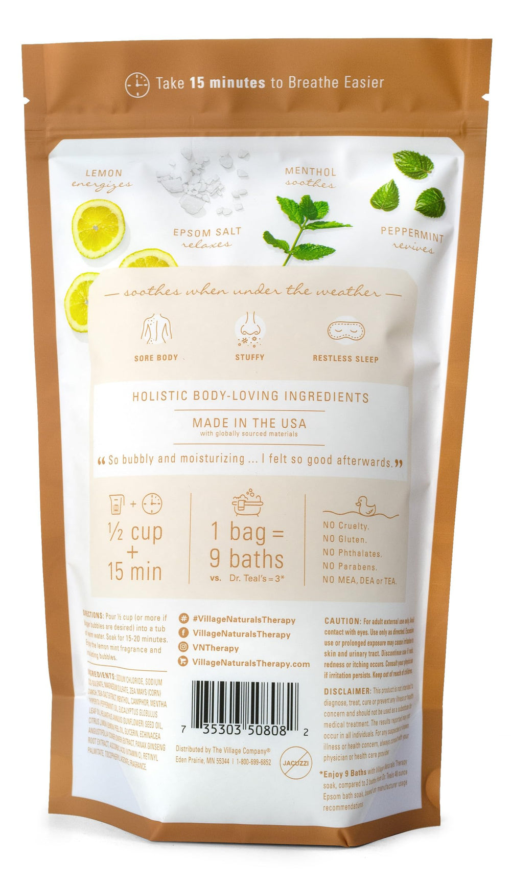 Village Naturals Therapy Breathe sels d’Epsom pour détente musculaire.