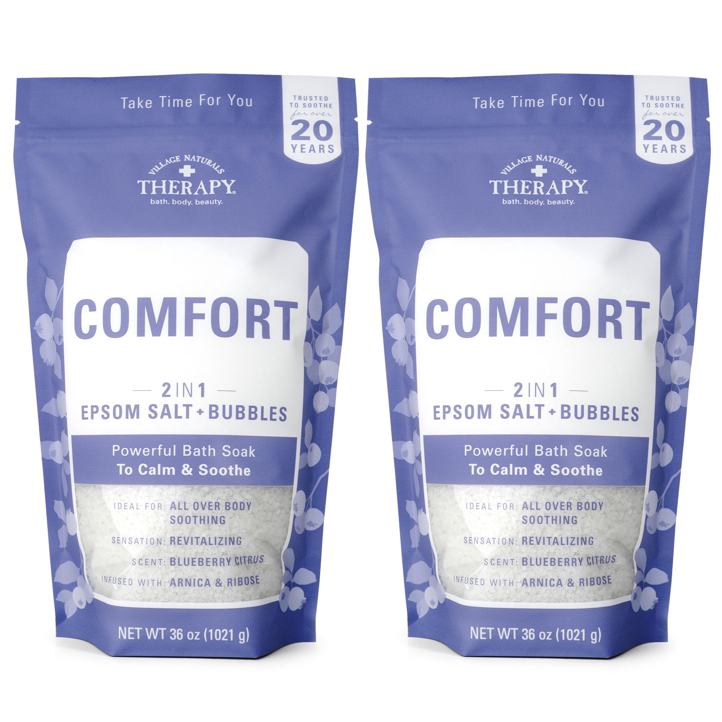 Village Naturals Therapy Comfort Bath Soak : bouteille prête à verser pour bain relaxant.