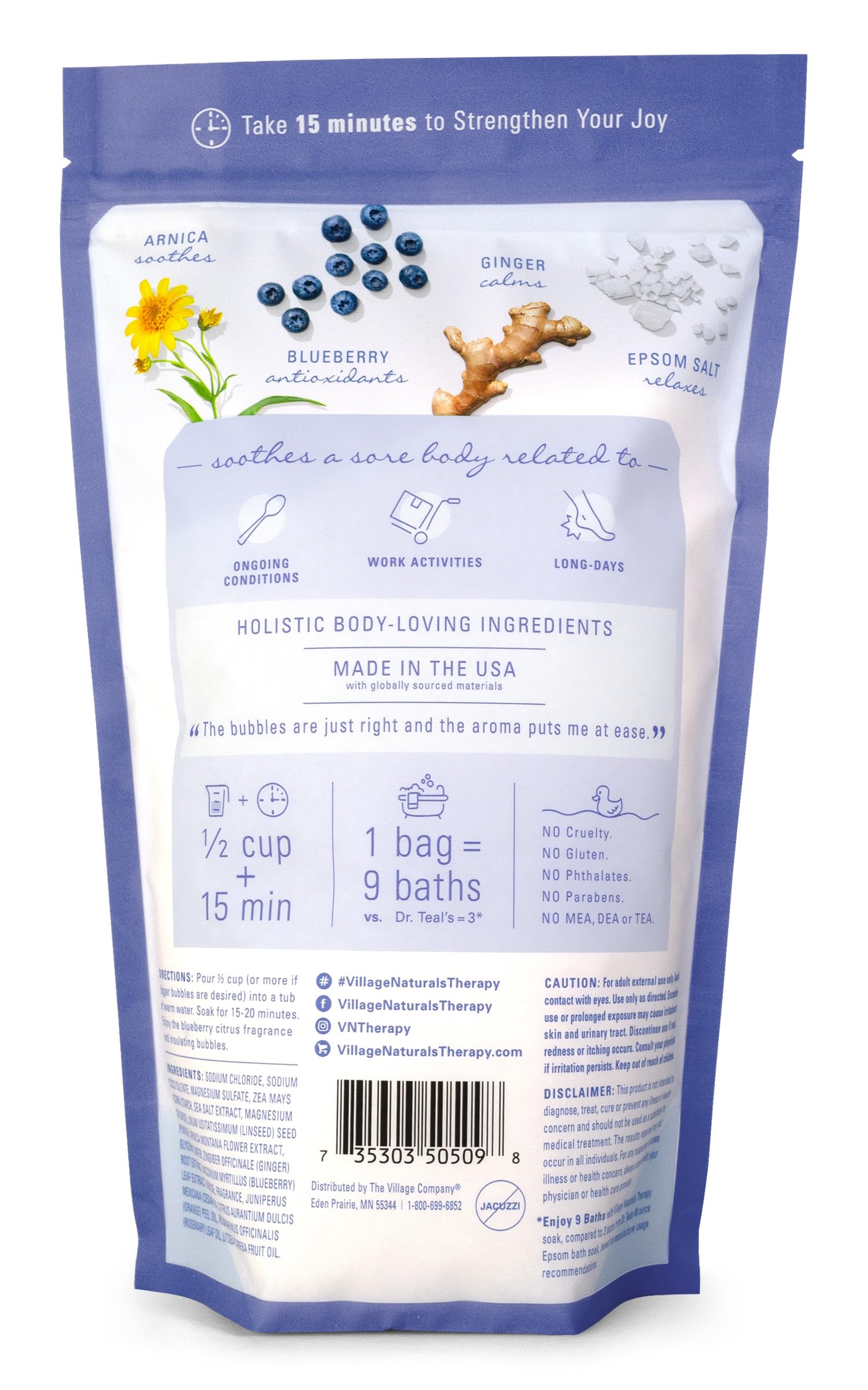 Village Naturals Therapy Comfort Bath Soak : bulles généreuses dans la baignoire.