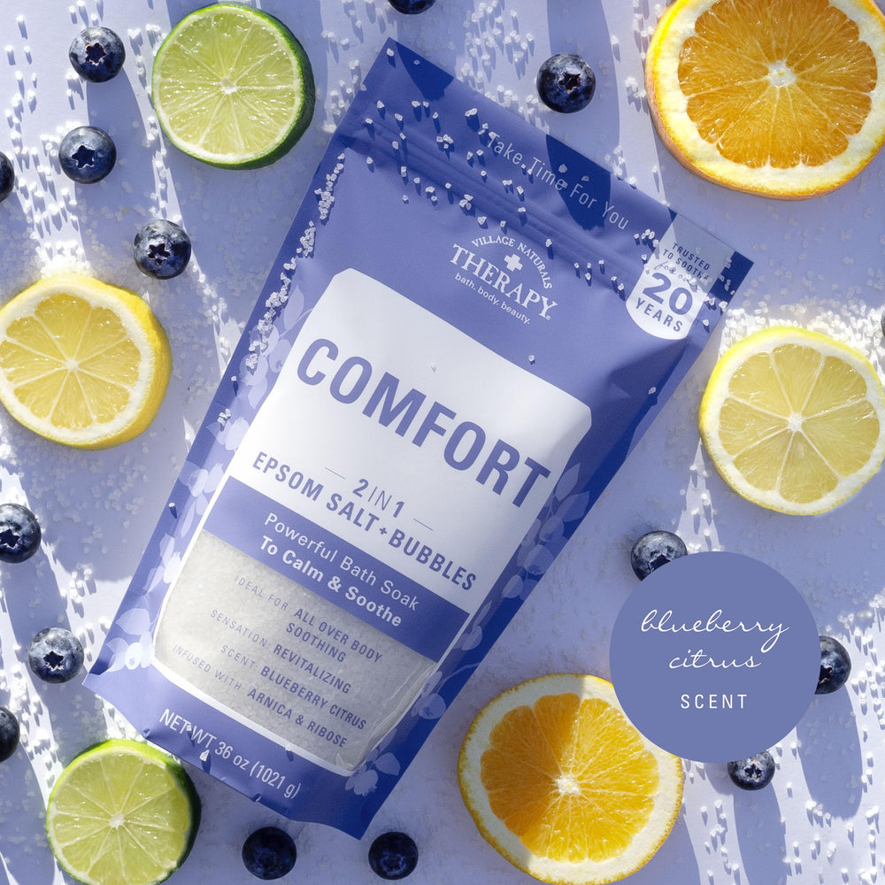 Village Naturals Therapy Comfort Bath Soak : photo-ensemble montrant le lot et le produit.
