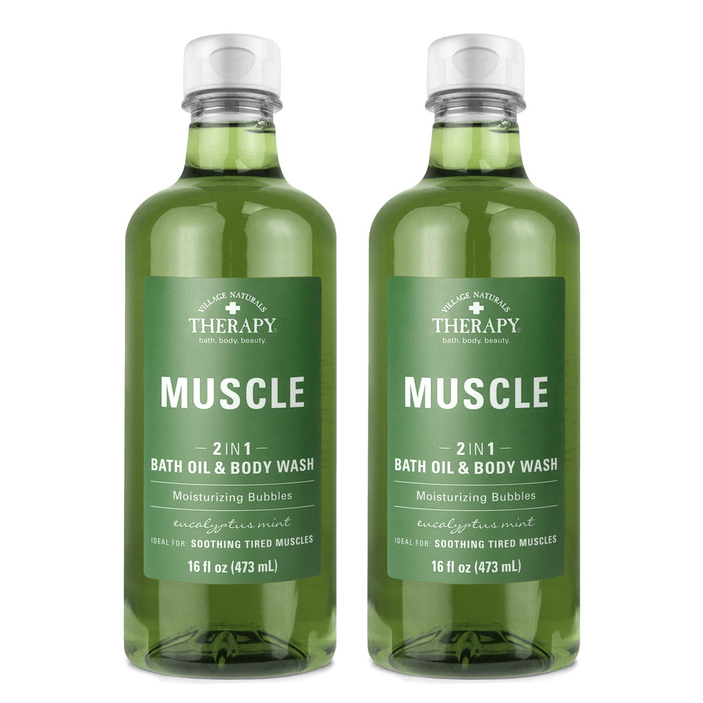 Village Naturals Therapy Muscle Foaming Bath Oil bubbles fill the tub for a relaxing soak