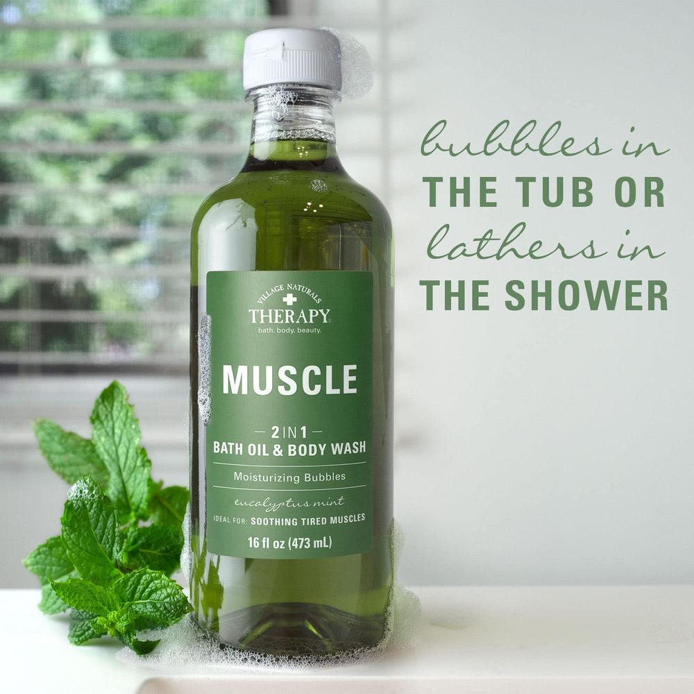Two pack of Village Naturals Therapy Muscle Foaming Bath Oil and Body Wash set