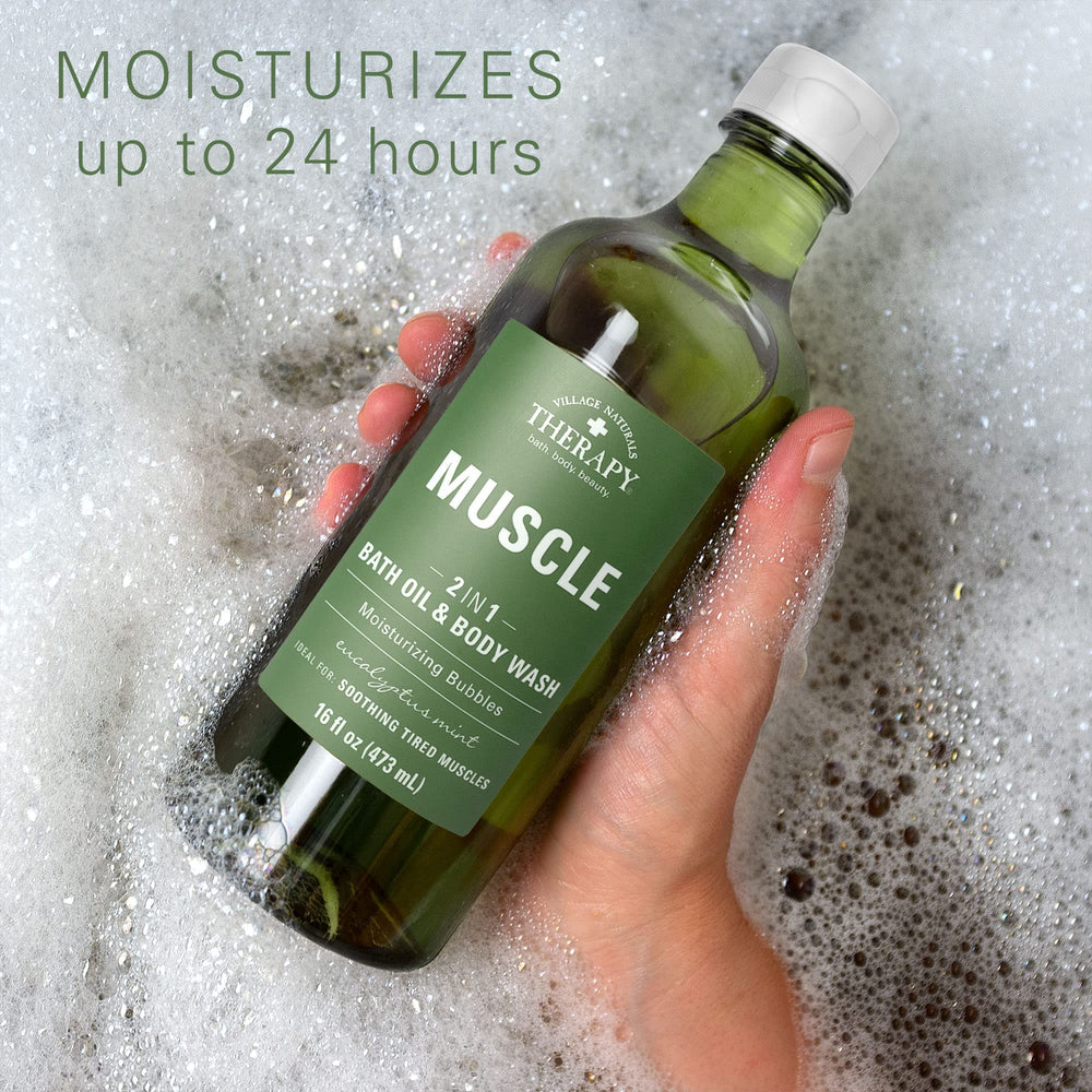 USA made Village Naturals Therapy label on the Muscle Foaming Bath Oil bottle