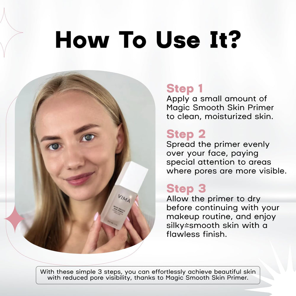 Vima Cosmetics Primer Emballage 30 ml : format pratique pour une utilisation quotidienne.