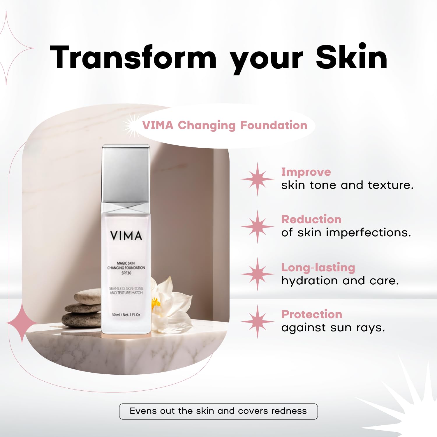 Vima Cosmetics: aperçu de la teinte naturelle et de l'apparence uniforme.