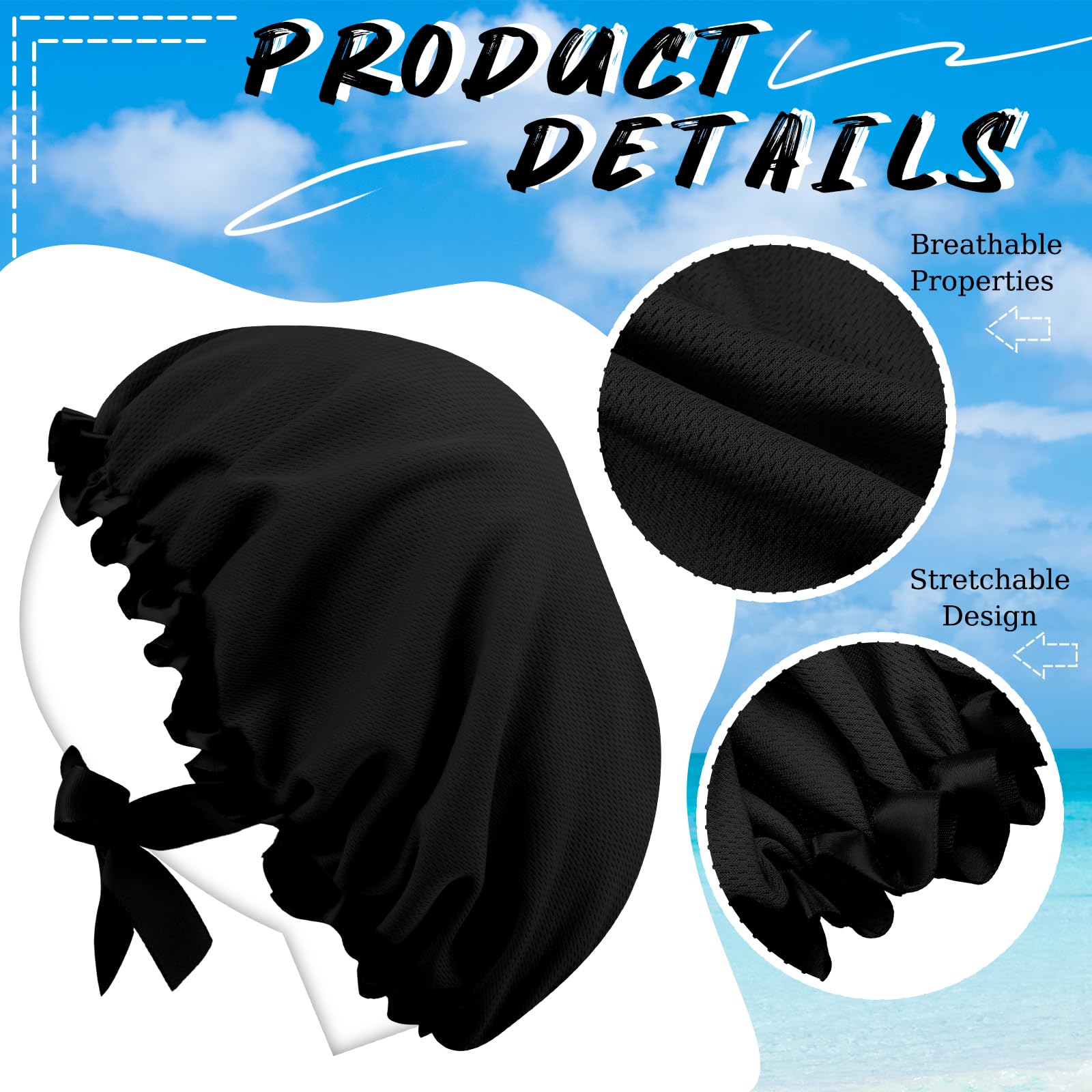 Bonnet Vinsatin bleu protégeant les cheveux pendant le tanning.