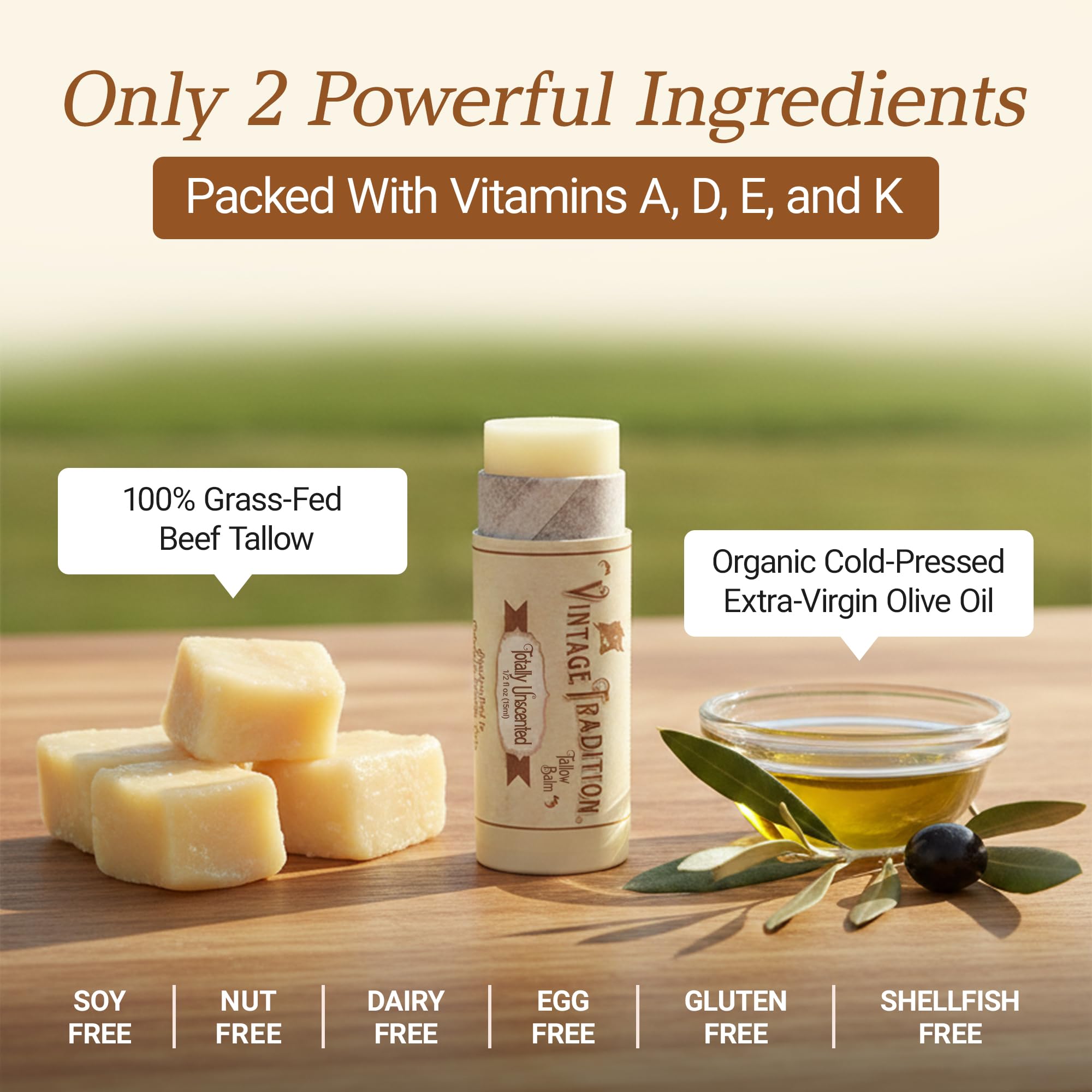 Vintage Tradition grass-fed tallow skincare in a portable tube.
