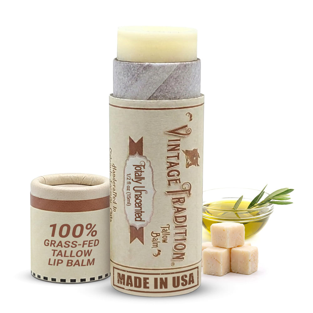 Vintage Tradition unscented lip balm tube for dry lips with beef tallow and olive oil.