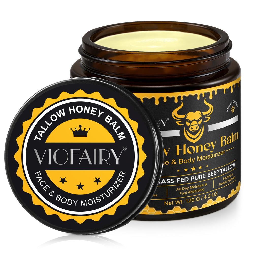 VIOFAIRY Beef Tallow Balm packaging highlights natural ingredients for healthy-looking skin.