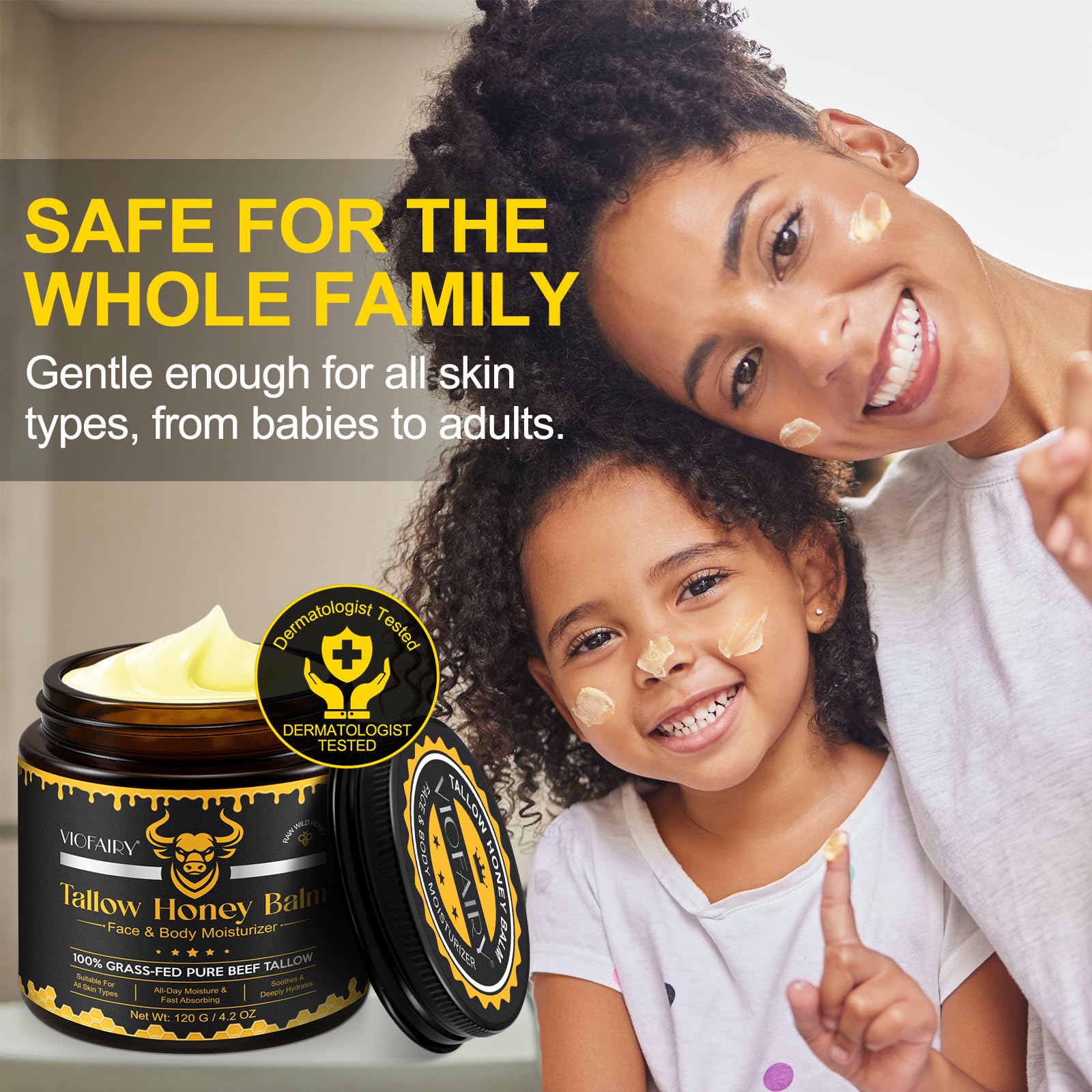 VIOFAIRY Beef Tallow Honey Balm ingredients panel highlights grass-fed tallow and honey.