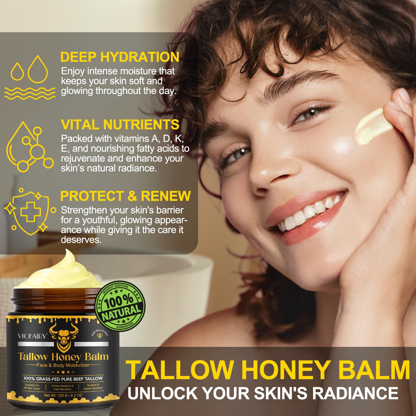 VIOFAIRY Beef Tallow Honey Balm on skin shows natural glow and smoothness.