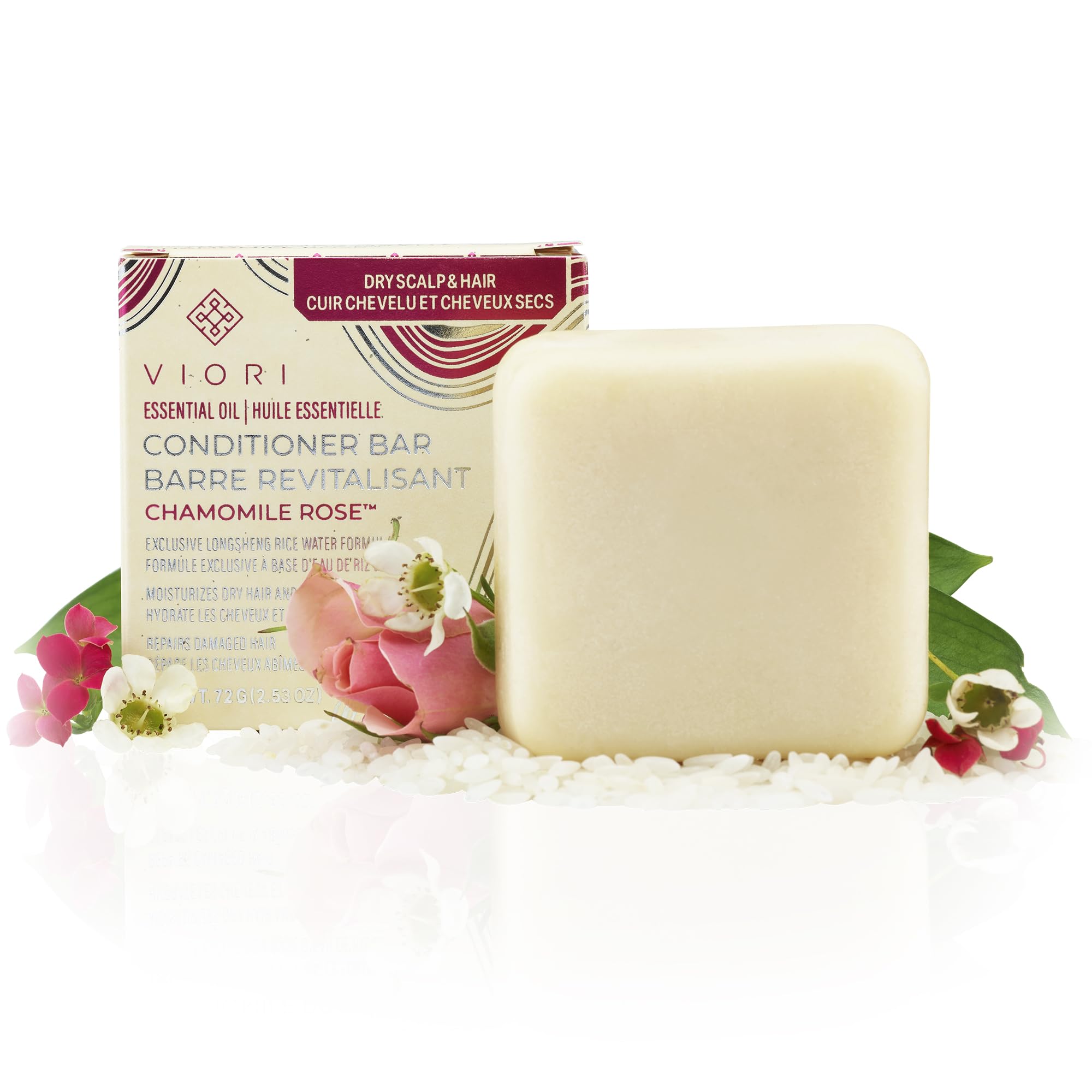 Barre conditionneur Viori camomille-rose, hydratation durable pour cheveux normaux à secs.