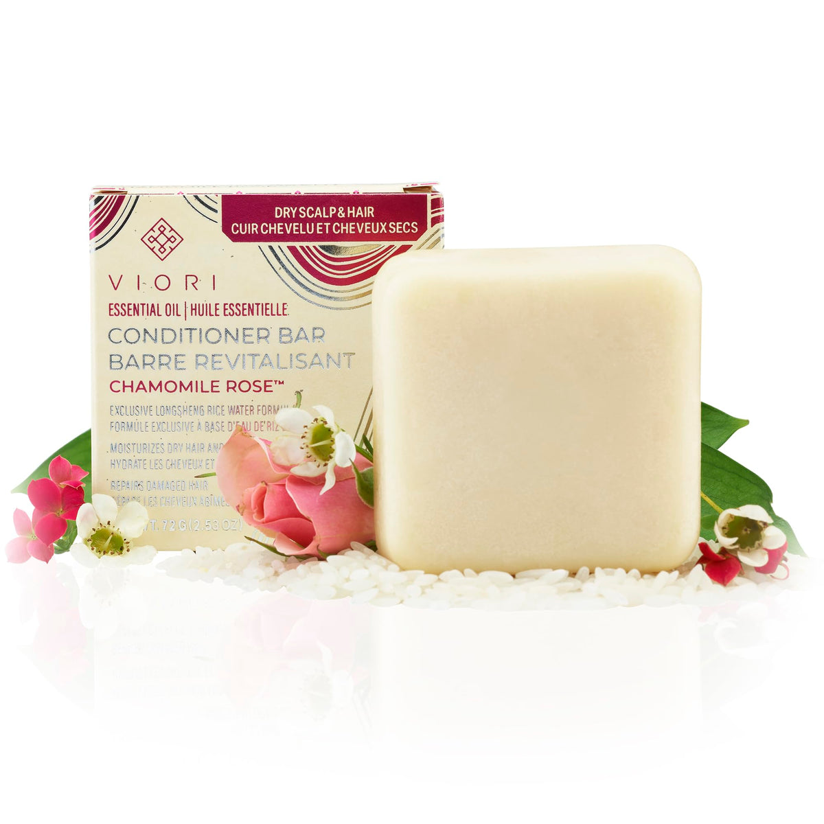 Barre conditionneur Viori camomille-rose, hydratation durable pour cheveux normaux à secs.