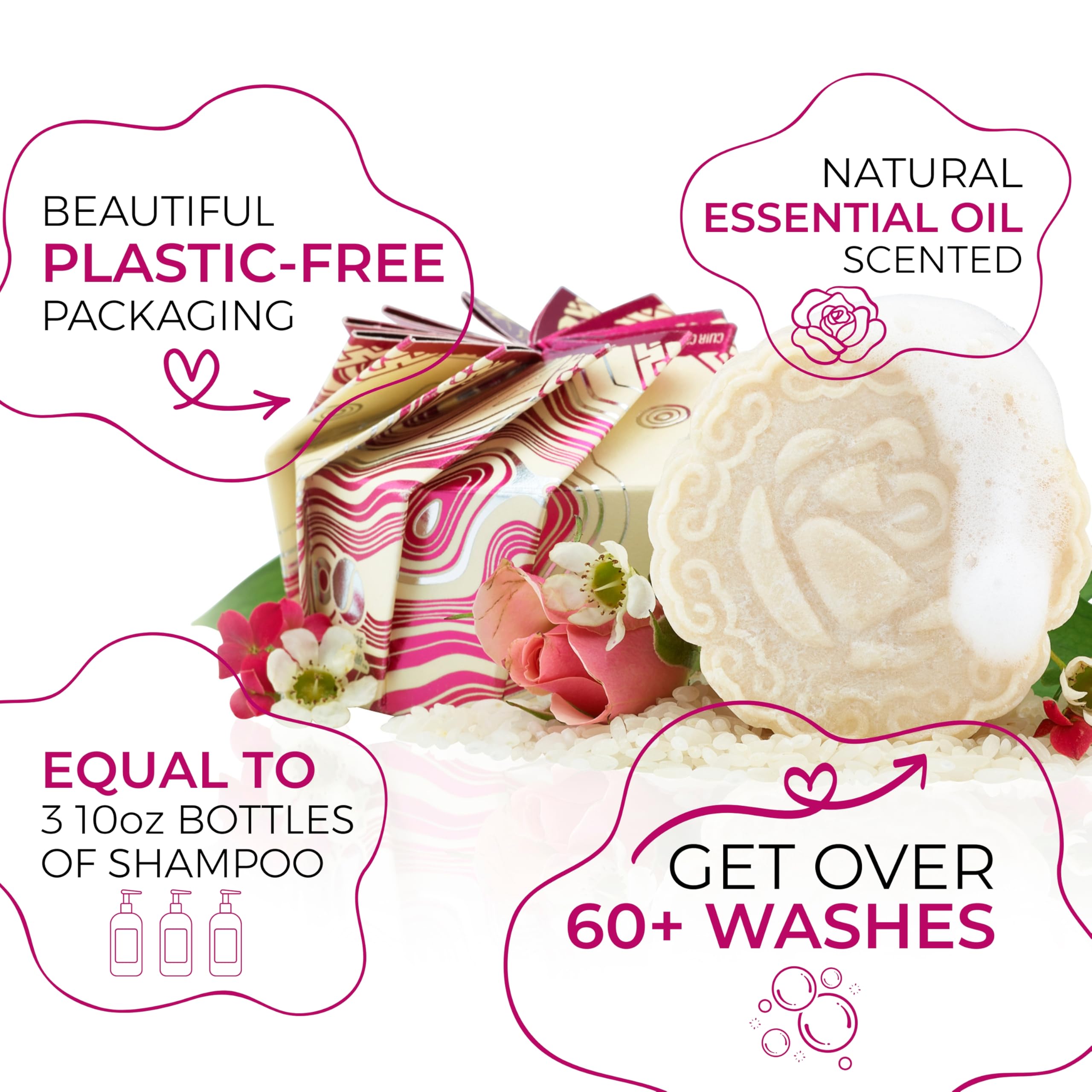 Utilisation quotidienne facile avec la barre Viori Chamomile Rose pour cheveux propres.