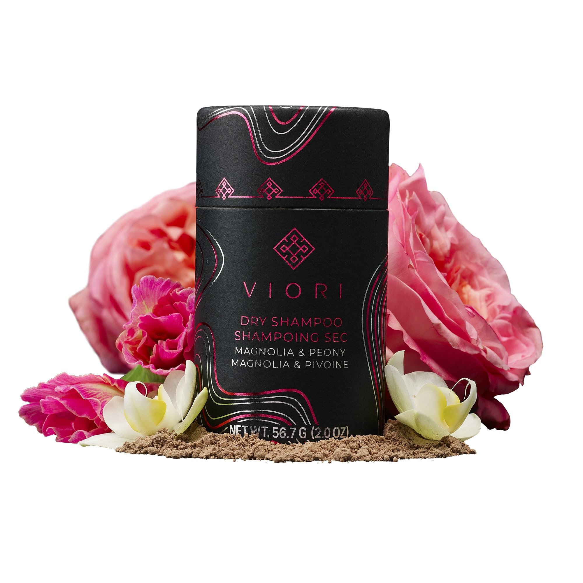 Flacon de poudre sèche Viori Magnolia et Pivoine prêt à l’emploi, design élégant.
