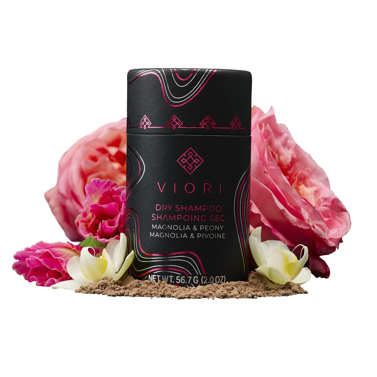 Flacon de poudre sèche Viori Magnolia et Pivoine prêt à l’emploi, design élégant.