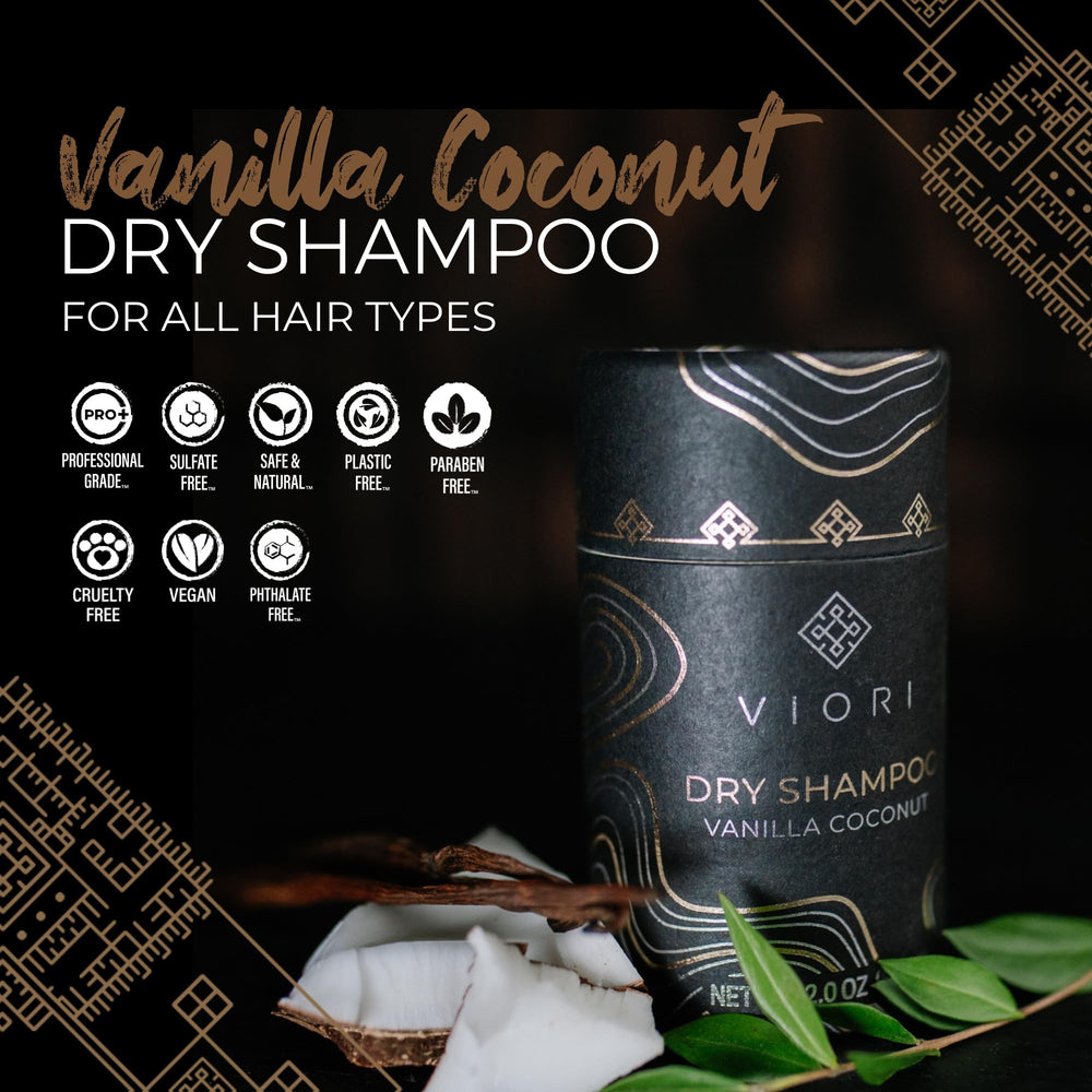 Poudre sèche Viori vanille coco – absorption rapide et efficace pour cheveux gras.
