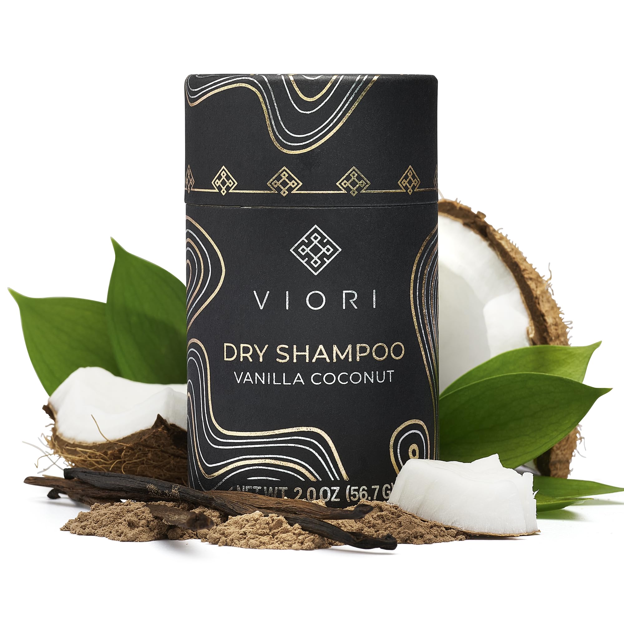 Poudre sèche Viori vanille coco – application rapide sur les racines pour rafraîchir les cheveux.