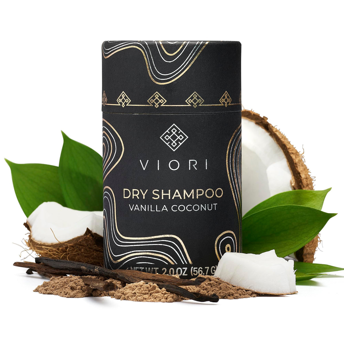 Poudre sèche Viori vanille coco – application rapide sur les racines pour rafraîchir les cheveux.