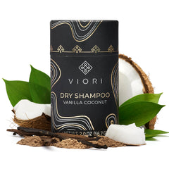 Poudre sèche Viori vanille coco – application rapide sur les racines pour rafraîchir les cheveux.