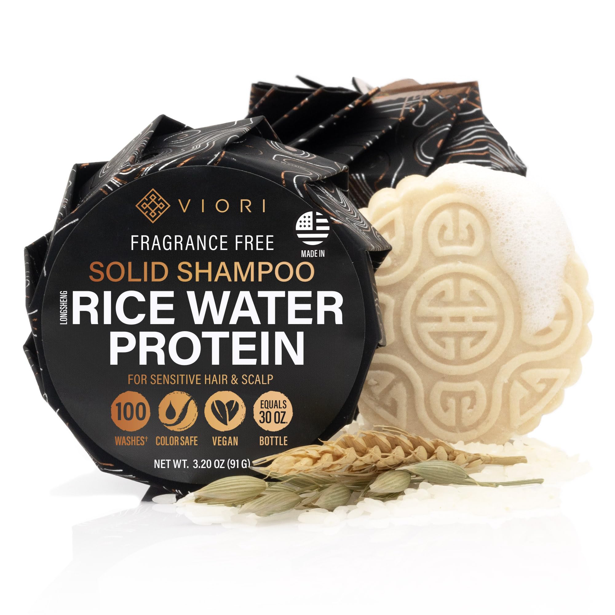 Viori Savon Solide Essence Native au lait de riz, pratique en voyage pour cheveux propres.