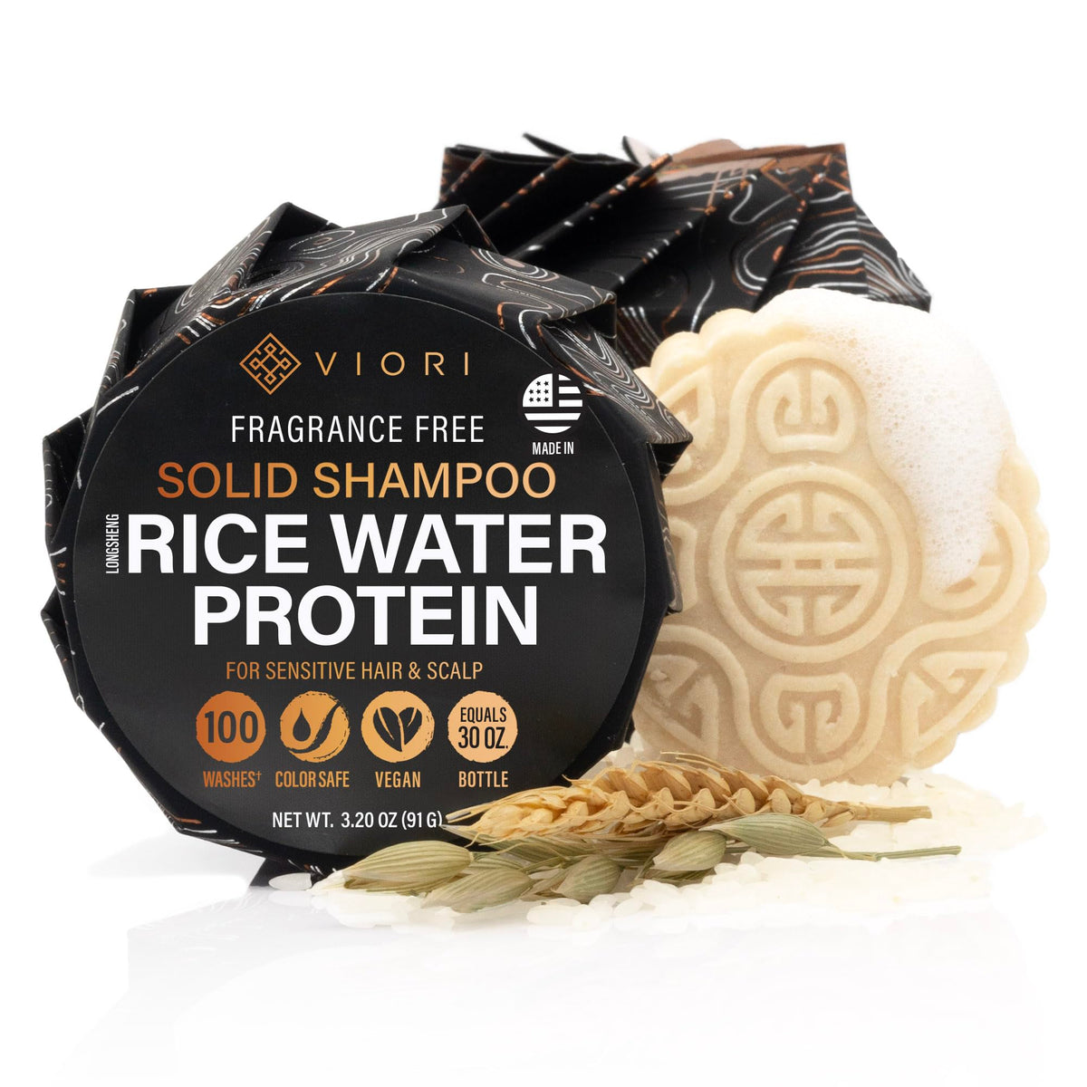 Viori Savon Solide Essence Native au lait de riz, pratique en voyage pour cheveux propres.