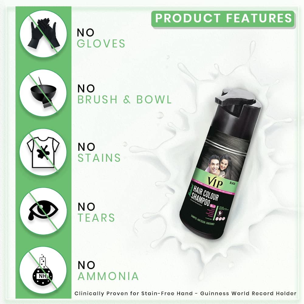 VIP 5 en 1 Shampoing Colorant, application avec mains nues, pratique.