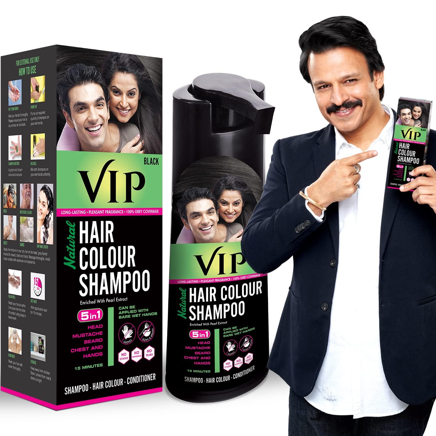 VIP 5 en 1 Shampoing Colorant – bouteille de 180 ml prête à l'emploi.