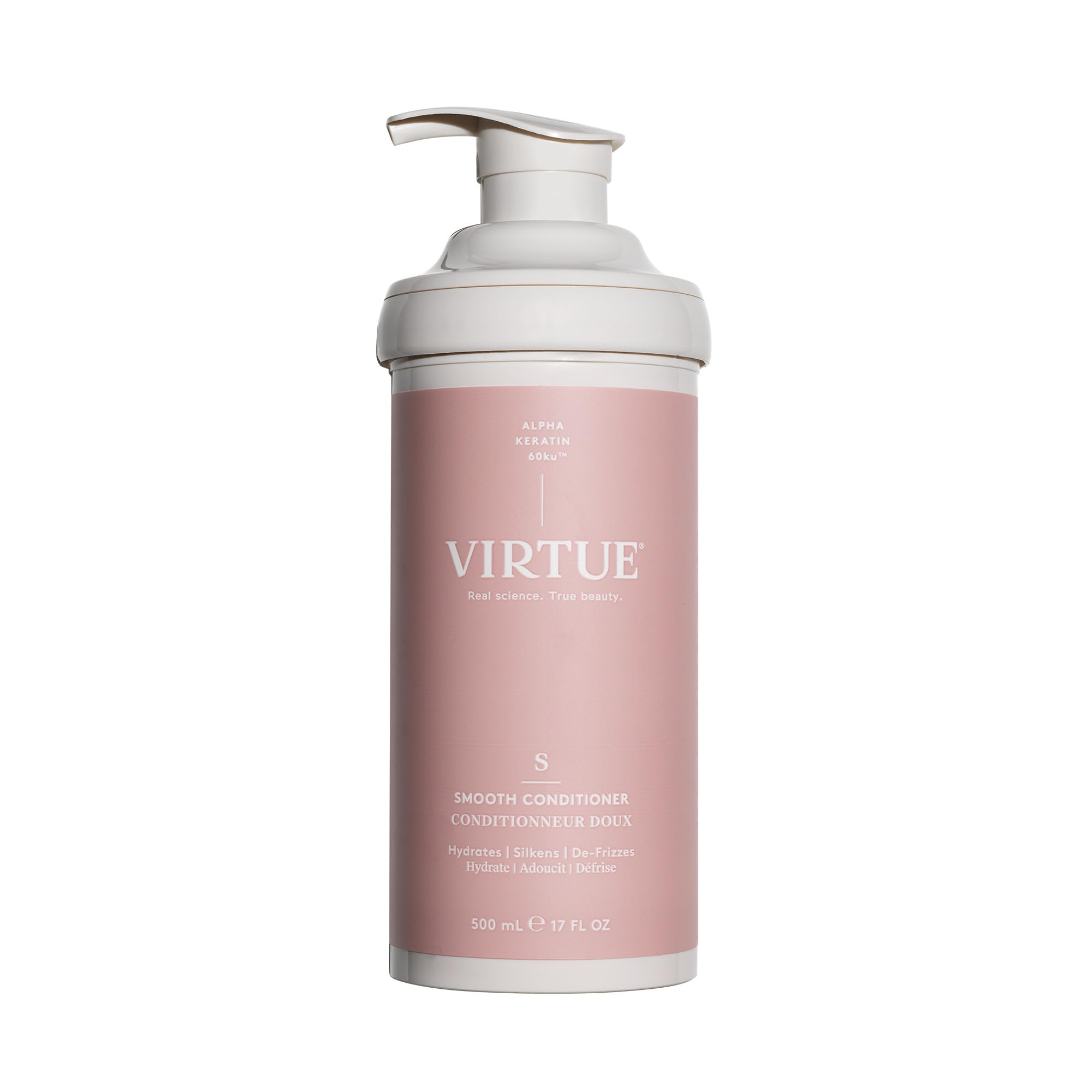 Virtue après-shampooing lissage, flacon élégant et cuticules lissées.