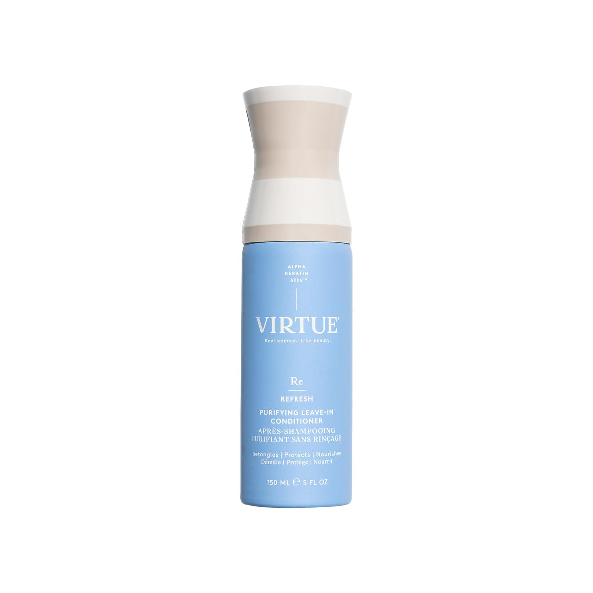 VIRTUE Purifiant Sans Rinçage: bouteille montrant une brume légère qui démêle sans lourdeur.