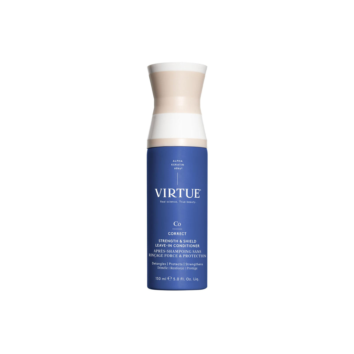 VIRTUE conditionneur sans rinçage en bouteille, démêle et protège les cheveux.