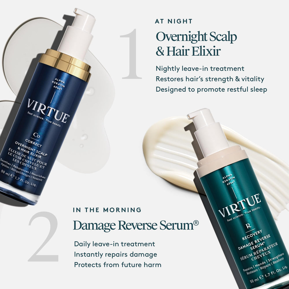 VIRTUE Correct Elixir nocturne – cheveux doux après réveil, potentiel de revitalisation.