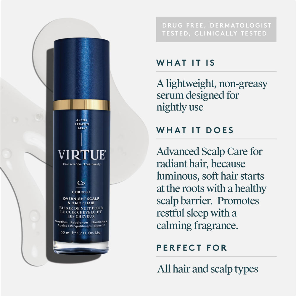 VIRTUE Correct Elixir nocturne – texture légère prête à l’application sur cheveux.