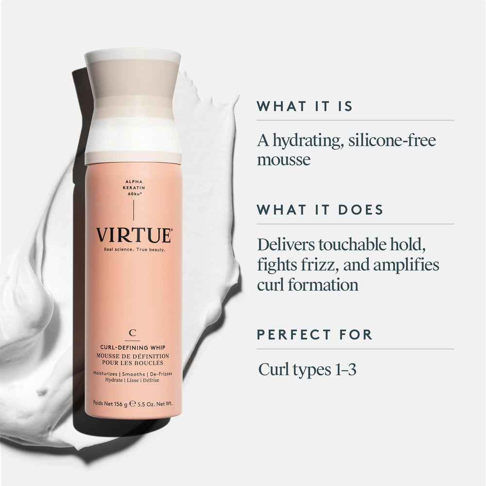 Virtue Curl Defining Whip : crème appliquée sur cheveux humides facilite démêlage et définition.