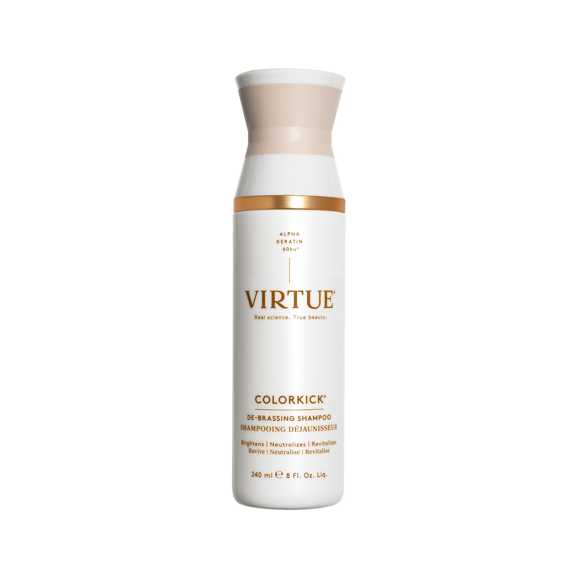 VIRTUE De-Brassing: bouteille de shampooing, tonifie et ravive les reflets des cheveux colorés.