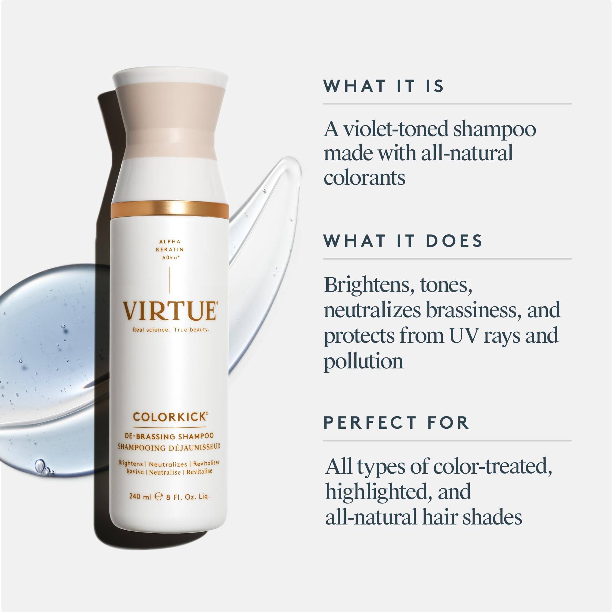 VIRTUE De-Brassing: mousse viollette purifiante, neutralise les tons indésirables.