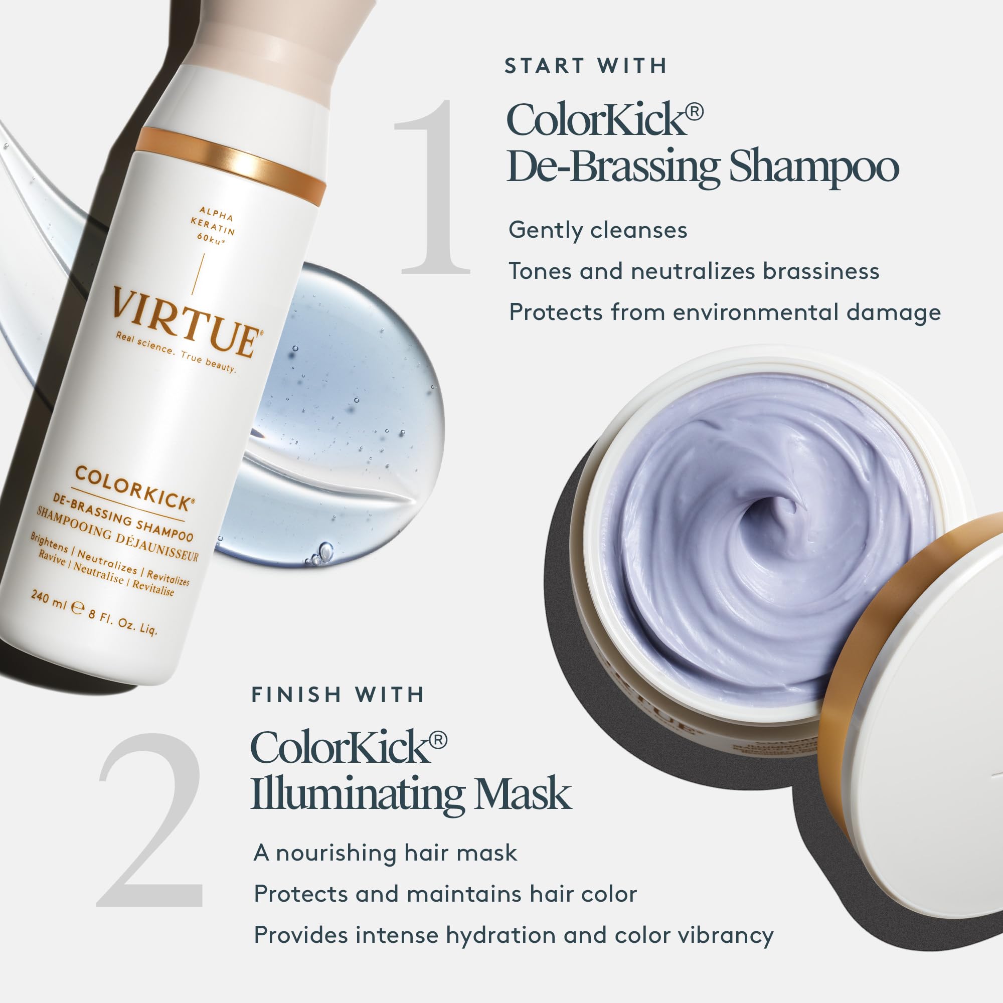 VIRTUE De-Brassing: produit sans silicone pour une routine capillaire plus légère.