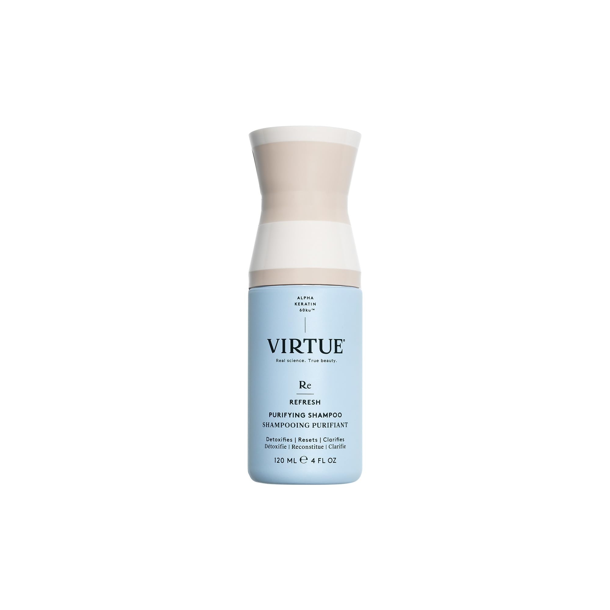 Shampoing Virtue detox clarifiant: bouteille transparente pour un nettoyage en profondeur sans sulfates