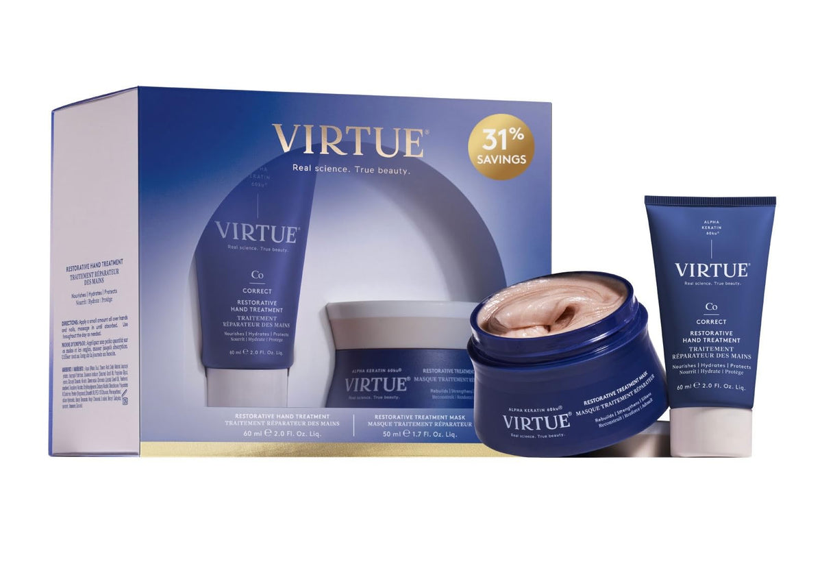 VIRTUE Duo Revival – flacon du masque capillaire et crème mains prêt à hydrater les cheveux