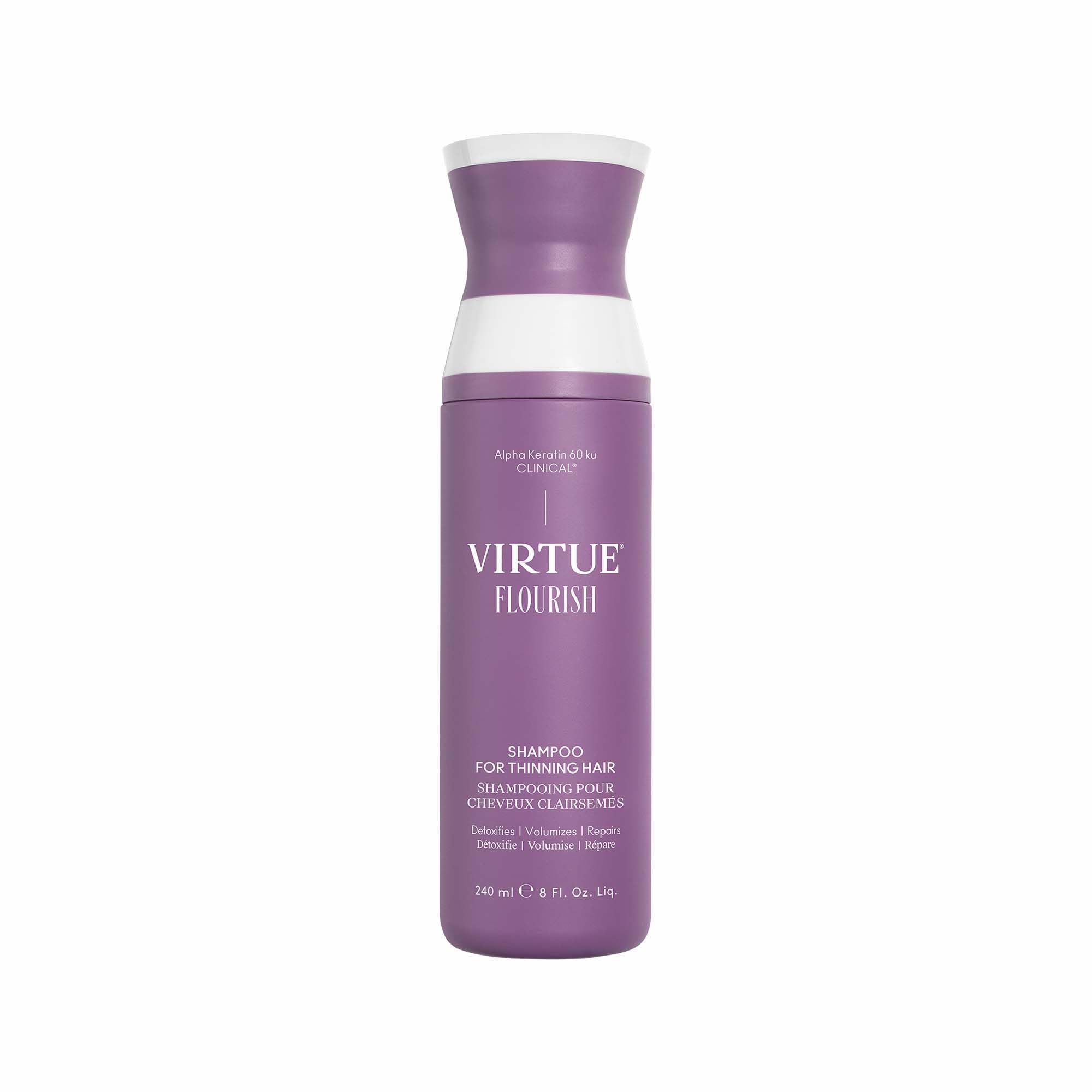 Virtue Flourish Shampooing – bouteille : purifie le cuir chevelu et favorise un volume léger.