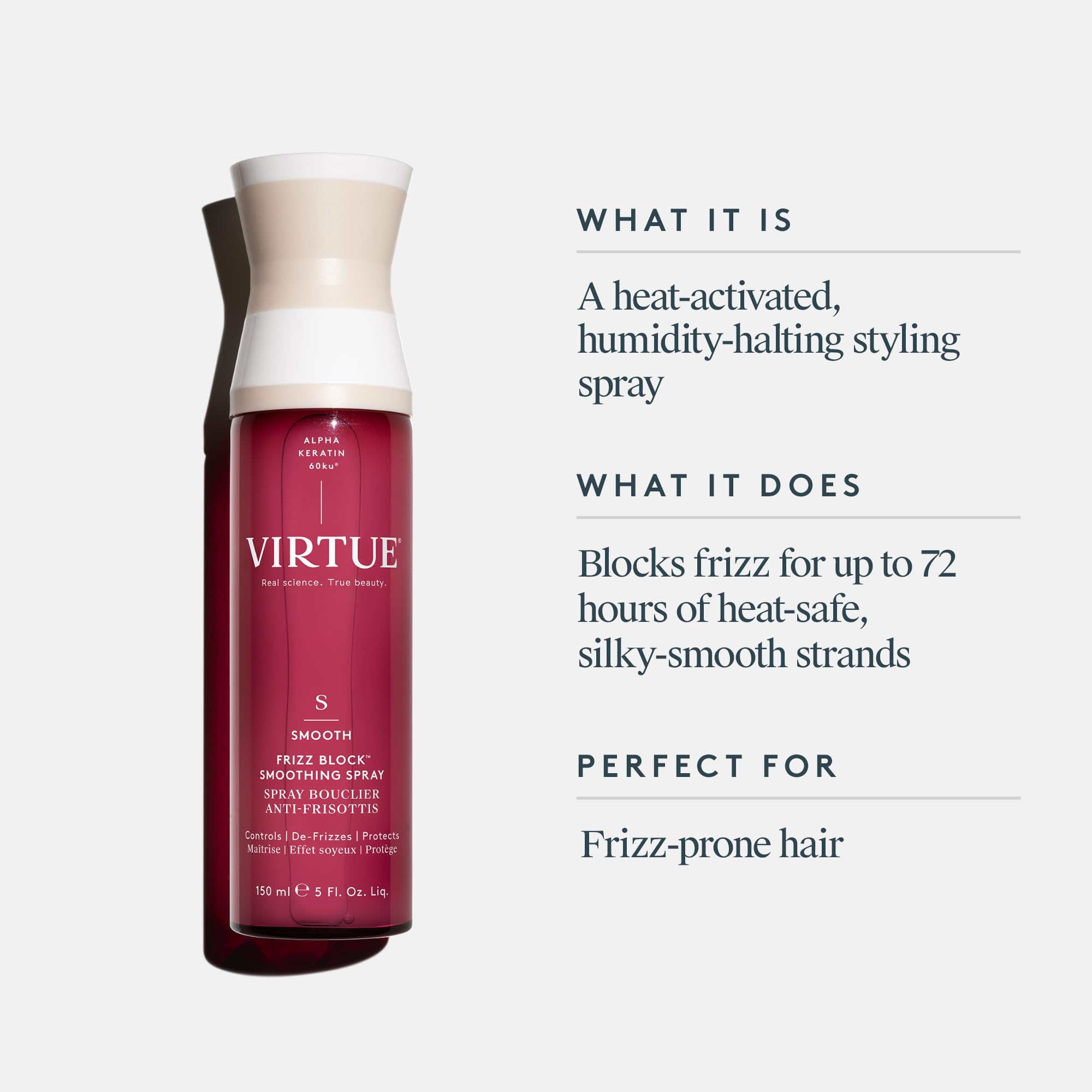 VIRTUE Frizz Block Spray sur cheveux : application facilitant le coiffage quotidien.