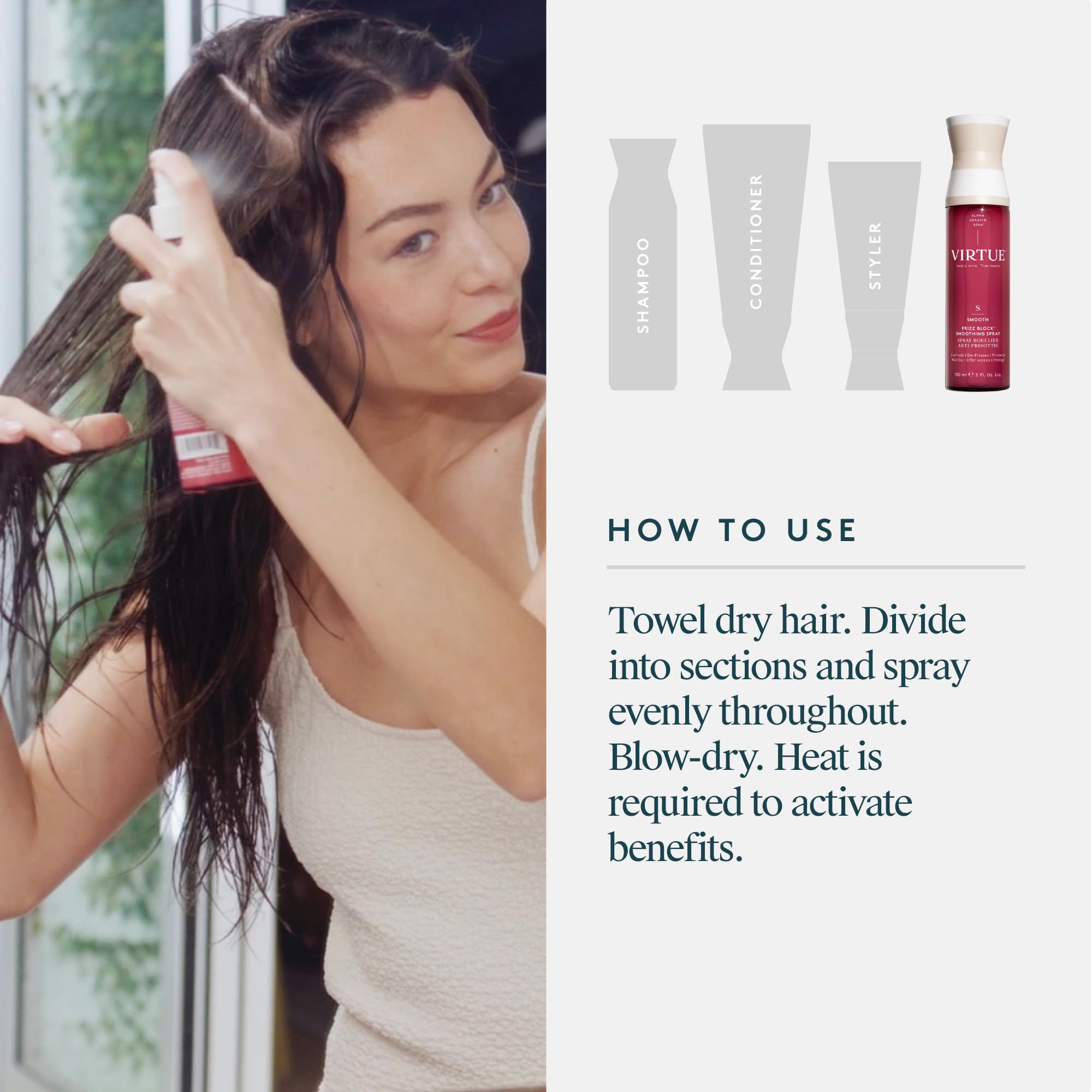 VIRTUE Frizz Block Spray : vegan et adapté à une routine sans cruauté.