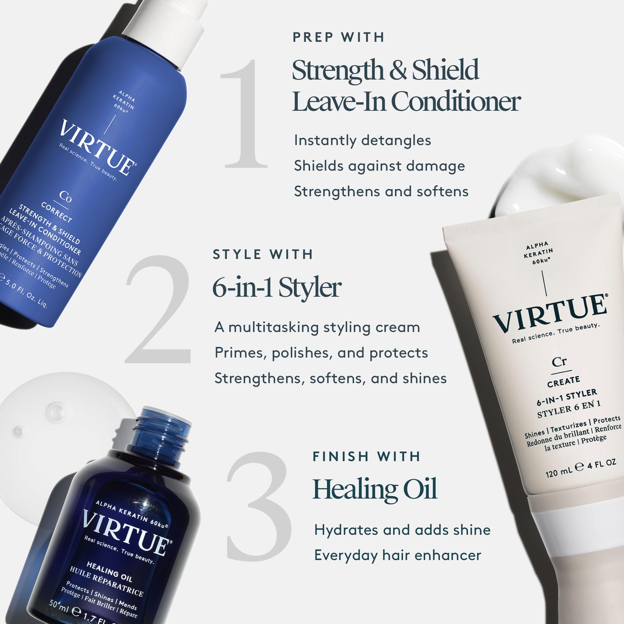VIRTUE protection chaleur et UV pour cheveux exposés.