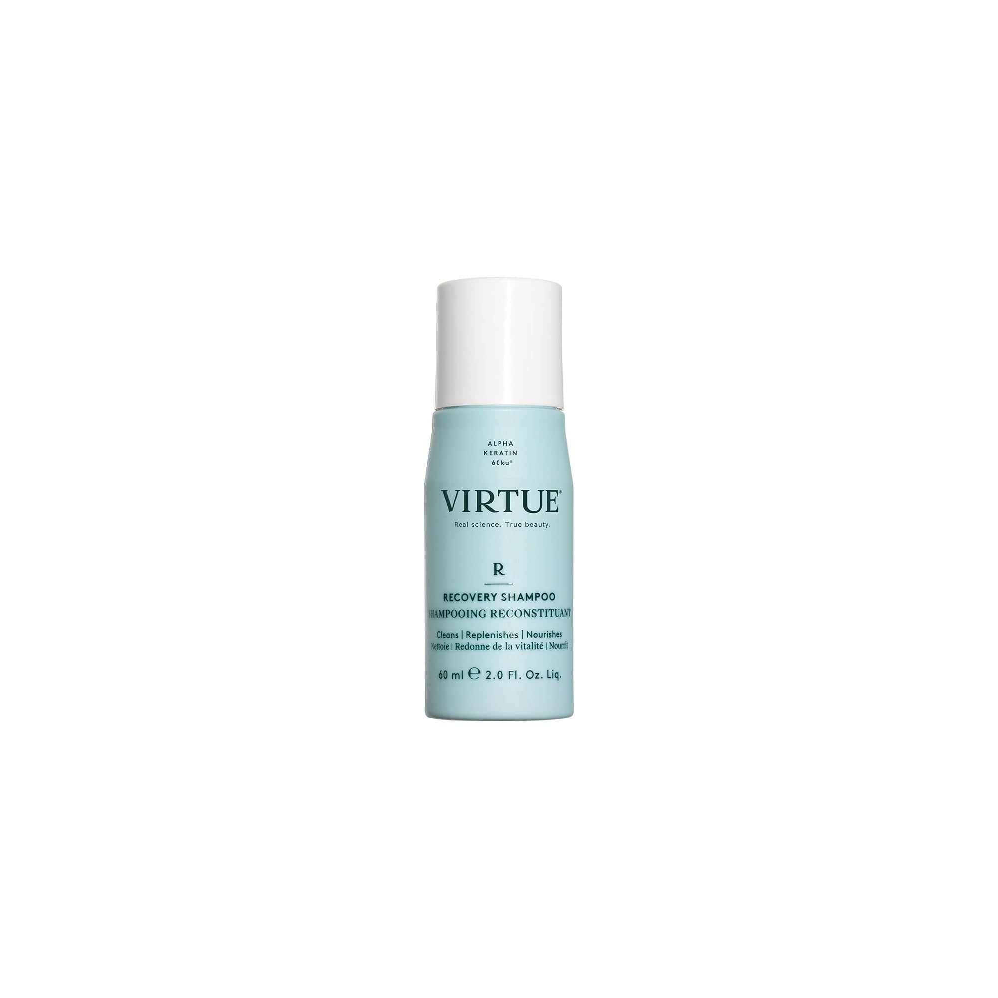 Bouteille Virtue Recovery Shampoo avec kératine pour cheveux renforcés et réparés.