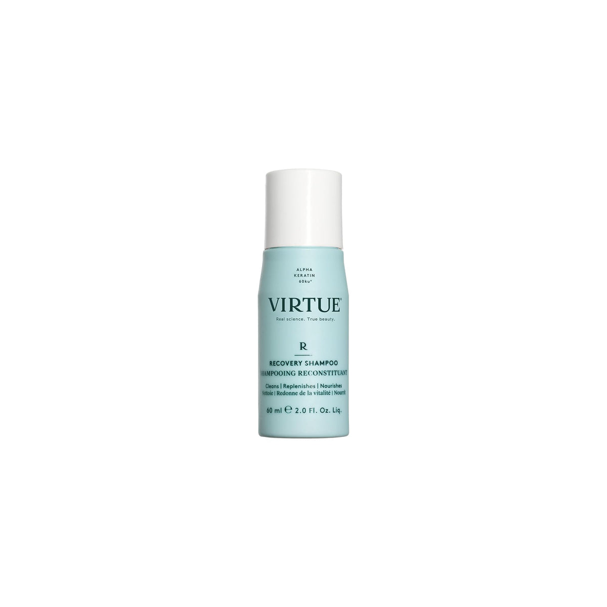 Bouteille Virtue Recovery Shampoo avec kératine pour cheveux renforcés et réparés.